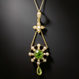 English Edwardian Peridot and Natural Pearl Drop Pendant - 3