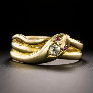English Victorian 18K Diamond and Ruby Snake Ring, Circa 1899 - 2