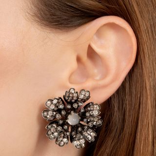 English Victorian Diamond and Cat's Eye Moonstone Flower Clip Earrings