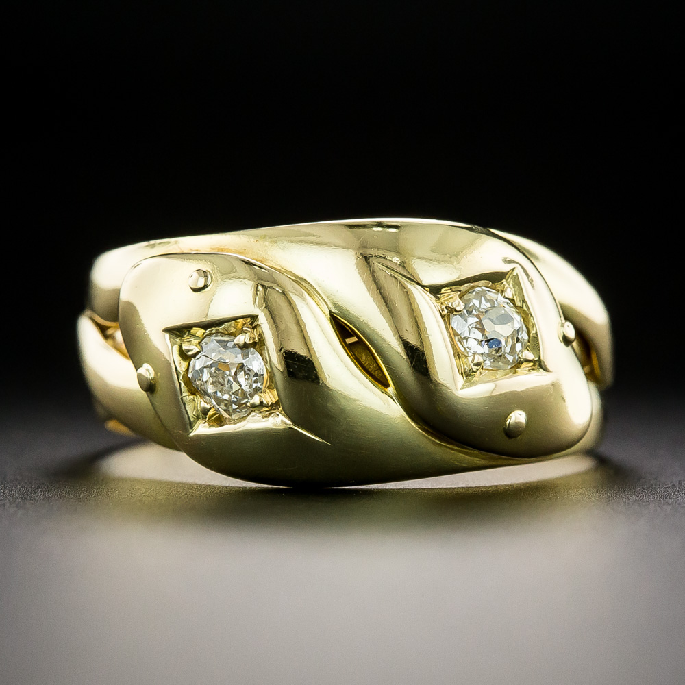 English Victorian Double Diamond-Headed Snake Ring, Circa 1885
