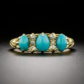 English Victorian Turquoise And Diamond Carved Ring - 2