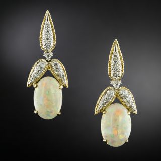Estate 18K Opal and Diamond Dangle Earrings - 2