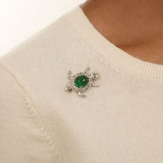 Estate Carved Emerald and Diamond Turtle Brooch