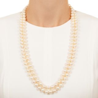 Estate Double Opera Length Strand Of 9-9.5 mm. Cultured Pearls with Diamond Clasp