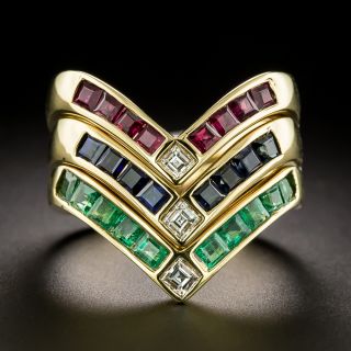 Estate Sapphire, Ruby And Emerald Chevron Stacking Rings - 3