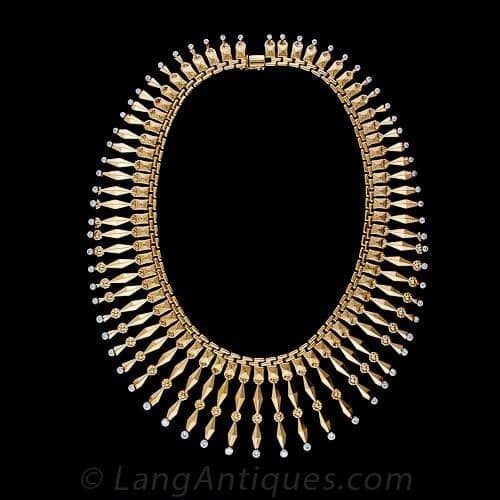 Mid-Century Diamond and 18K Yellow Gold Fringe Necklace.