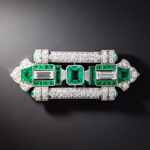 Diamond and Emerald Brooch with Trapezoid-Shaped Stones.