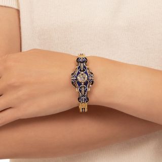 French 2.40 Carat Rose-Cut Diamond and Enamel Bangle Bracelet