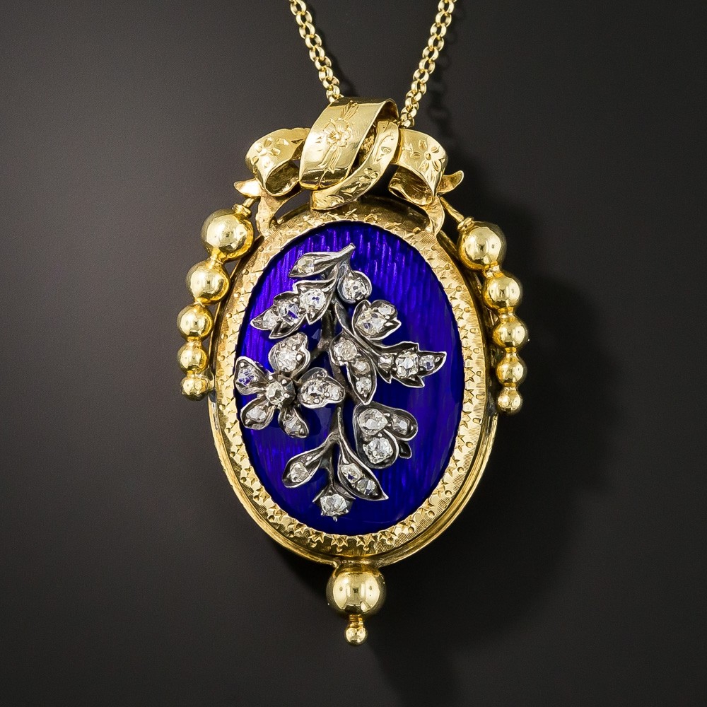 French Antique Blue Enamel Diamond Pendant/Brooch