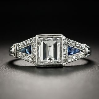French Art Deco 1.09 Carat Emerald-Cut Diamond and Sapphire Ring - GIA F VS2 - 2