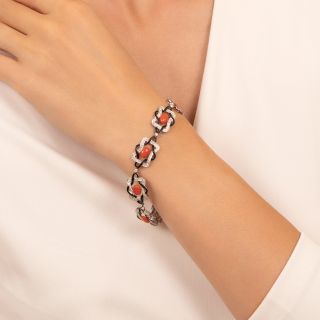 Art Deco Coral, Diamond and Black Enamel Bracelet