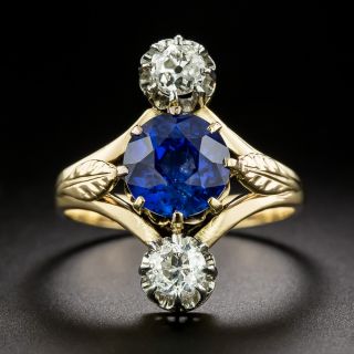 French Belle Epoque 2.67 Carat Sapphire and Diamond Three-Stone Ring - GIA - 2