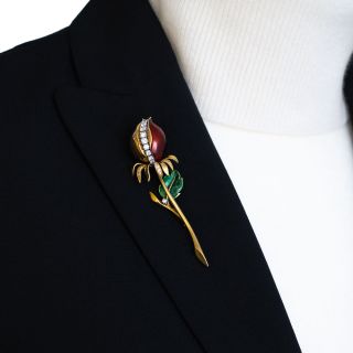 French Enameled Flower Bud Brooch