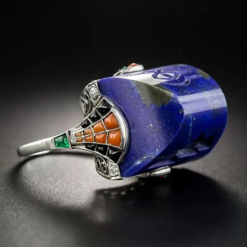 Lapis Lazuli Egyptian Revival Ring with Millegrain Detailing.