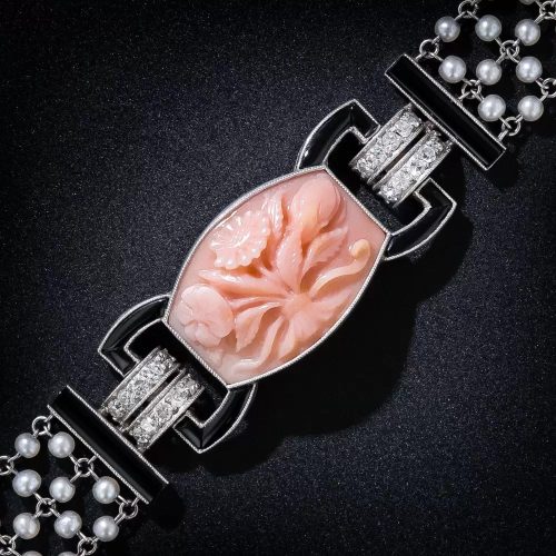 Coral, Diamond, Onyx and Seed Pearl Bracelet.