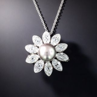 Important Natural Pearl and Marquise Diamond Flower Pendant/Brooch - GIA - 1