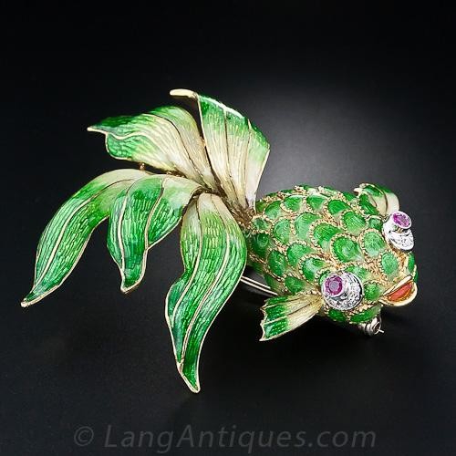 Italian Green Enamel Fish Brooch