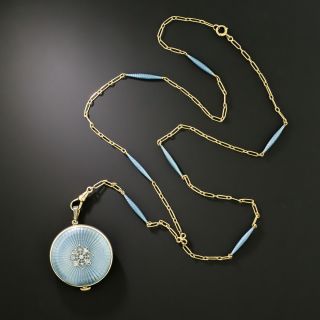 Late-Edwardian Blue Enamel Pendant Watch and Chain  - 2