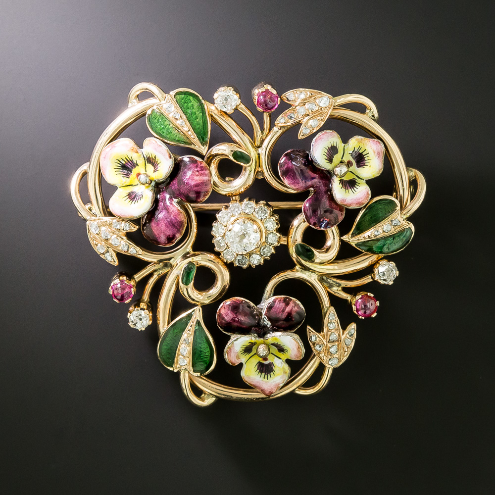 Late-Victorian Enamel Pansy and Diamond Brooch