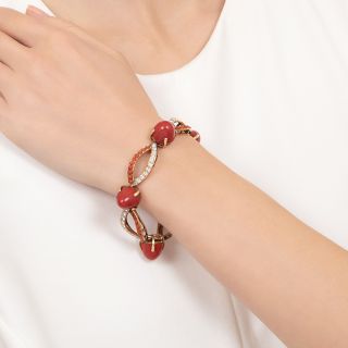 Mid-Century Coral, Diamond and Gold Bracelet