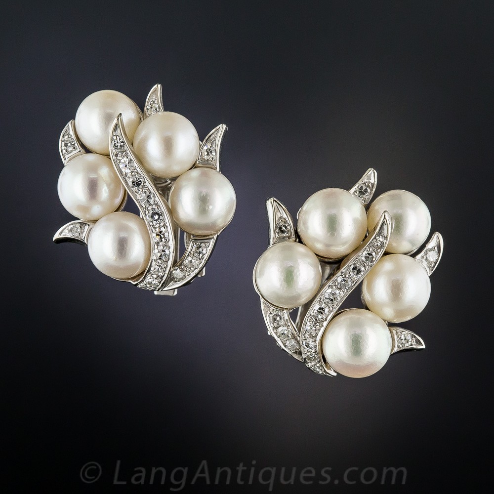 Mid-Century Cultured Pearl and Diamond Clip Earrings