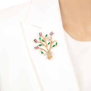 Mid-Century Diamond, Amethyst and Emerald Flower Brooch
