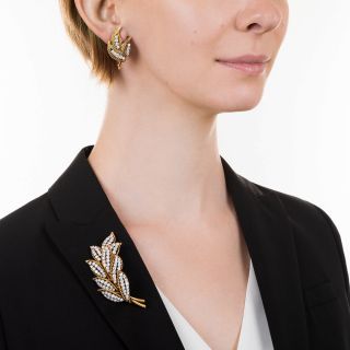 Mid-Century Diamond Leaf Brooch and Earrings
