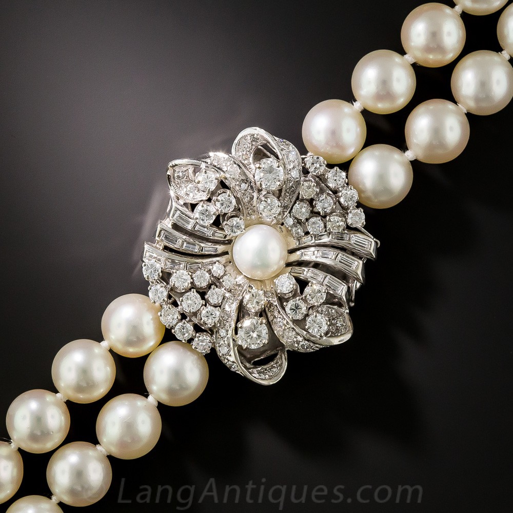 Mid-Century Double Strand Cultured Pearl Necklace with Diamond Clasp