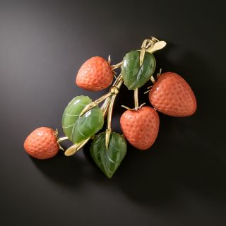 Mid-Century Jade and Coral Strawberry Brooch - 2
