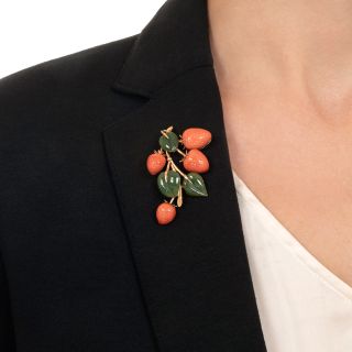 Mid-Century Jade and Coral Strawberry Brooch