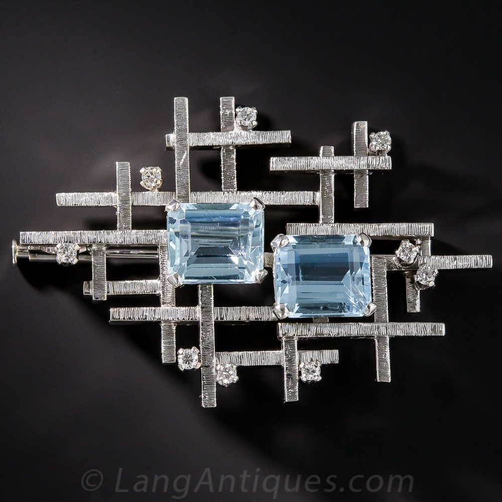 Mid-Century Modern Aquamarine and Diamond Brooch