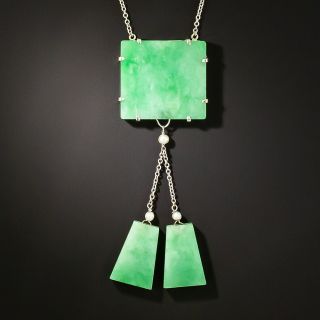 Mid-Century Natural Jadeite and Seed Pearl Drop Necklace - 1