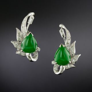 Mid-Century Natural Pear Shape Jade and Diamond Earrings - GIA  - 2
