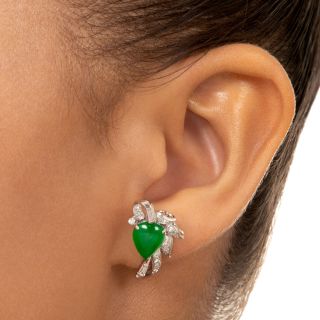 Mid-Century Natural Pear Shape Jade and Diamond Earrings - GIA 
