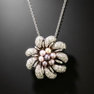 Mid-Century Pearl and Diamond Flower Pendant/Brooch - 2
