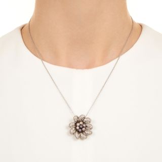 Mid-Century Pearl and Diamond Flower Pendant/Brooch