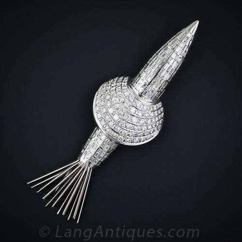 Mid-Century Platinum and Diamond Rocket Ship Brooch