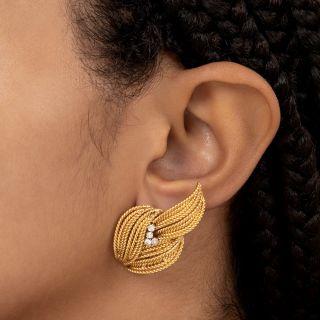Mid-Century Textured 18K Gold and Diamond Earrings