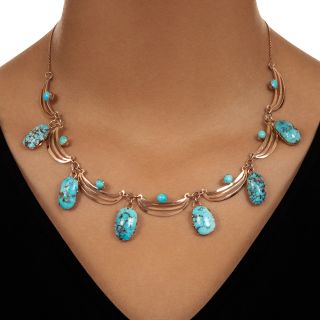 Mid-Century Turquoise and Rose Gold Necklace