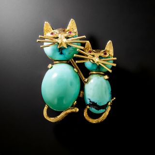 Mid-Century Turquoise Kitty Cats Brooch - 2