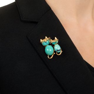 Mid-Century Turquoise Kitty Cats Brooch