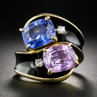 Mid-Century Twin Pink and Blue Sapphire Enamel Bypass Ring, Size 4 1/2 - GIA No/Low Heat - 1