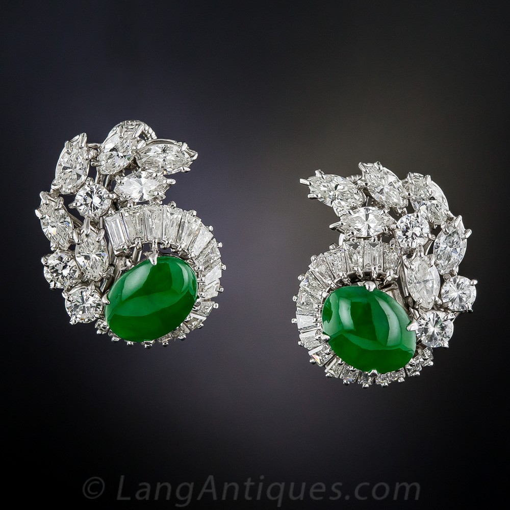 Natural Jadeite, Platinum, and Diamond Earrings