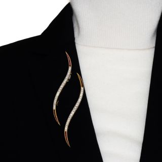 Pair of Mid-Century Diamond and Ruby Wave Brooches