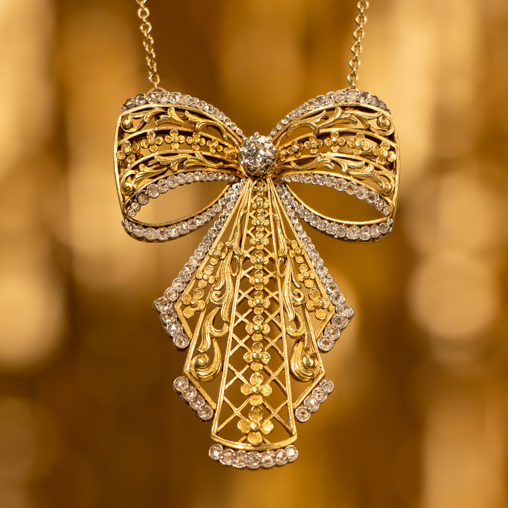 Portuguese Diamond Bow Necklace/Brooch, Circa 1900