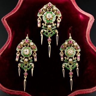 Renaissance Revival Antique French Diamond, Ruby and Enamel Dangle Earrings and Brooch Set  Circa 1880's - 8