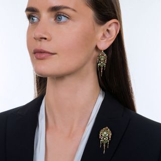 Renaissance Revival Antique French Diamond, Ruby and Enamel Dangle Earrings and Brooch Set  Circa 1880's