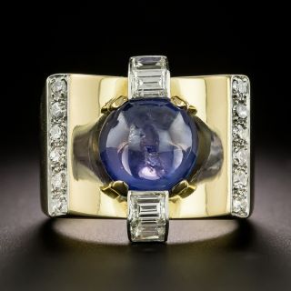 Retro 6.00 Carat No-Heat Cabochon Sapphire and Diamond Ring - 5