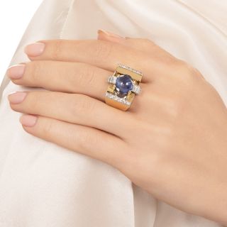 Retro 6.00 Carat No-Heat Cabochon Sapphire and Diamond Ring