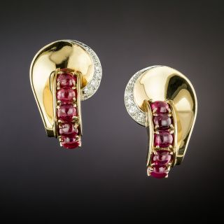 Retro Cabochon Ruby and Diamond Earrings - 1